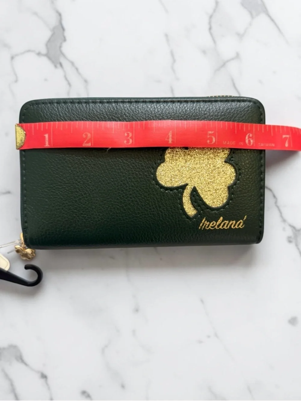New With Tags Ireland Green Faux Leather Zip Wallet with Gold Clover